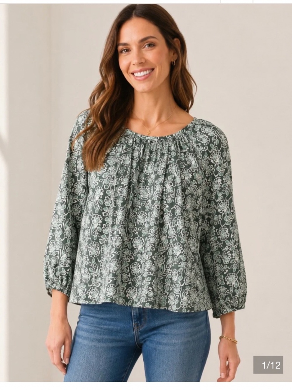 J Crew Cotton Green Floral Peasant Top Sz S